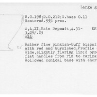 Index card with typed and handwritten information, sometimes including a sketch, of pottery from an excavation.
