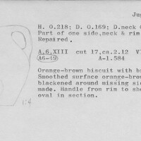 Index card with typed and handwritten information, sometimes including a sketch, of pottery from an excavation.