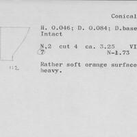 Index card with typed and handwritten information, sometimes including a sketch, of pottery from an excavation.