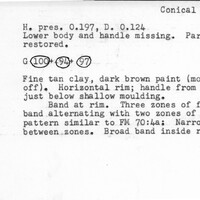 Index card with typed and handwritten information, sometimes including a sketch, of pottery from an excavation.