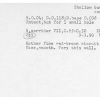 Index card with typed and handwritten information, sometimes including a sketch, of pottery from an excavation.