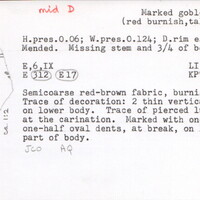 Index card with typed and handwritten information, sometimes including a sketch, of pottery from an excavation.