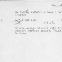 Index card with typed and handwritten information, sometimes including a sketch, of pottery from an excavation.