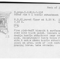 Index card with typed and handwritten information, sometimes including a sketch, of pottery from an excavation.
