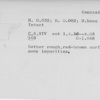 Index card with typed and handwritten information, sometimes including a sketch, of pottery from an excavation.