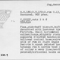 Index card with typed and handwritten information, sometimes including a sketch, of pottery from an excavation.