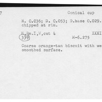 Index card with typed and handwritten information, sometimes including a sketch, of pottery from an excavation.