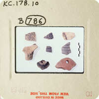 Photograph of ancient pottery shards on a white surface.