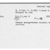 Index card with typed and handwritten information, sometimes including a sketch, of pottery from an excavation.