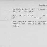 Index card with typed and handwritten information, sometimes including a sketch, of pottery from an excavation.
