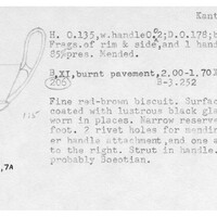 Index card with typed and handwritten information, sometimes including a sketch, of pottery from an excavation.
