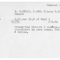 Index card with typed and handwritten information, sometimes including a sketch, of pottery from an excavation.