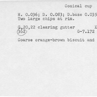 Index card with typed and handwritten information, sometimes including a sketch, of pottery from an excavation.