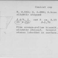 Index card with typed and handwritten information, sometimes including a sketch, of pottery from an excavation.