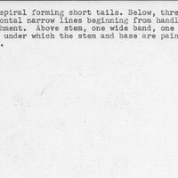 Index card with typed and handwritten information, sometimes including a sketch, of pottery from an excavation.