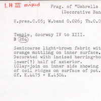 Index card with typed and handwritten information, sometimes including a sketch, of pottery from an excavation.