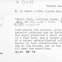 Index card with typed and handwritten information, sometimes including a sketch, of pottery from an excavation.