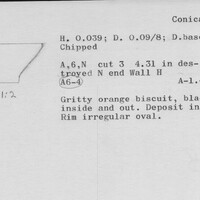 Index card with typed and handwritten information, sometimes including a sketch, of pottery from an excavation.