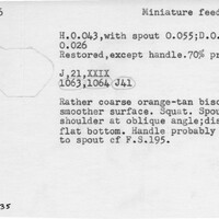 Index card with typed and handwritten information, sometimes including a sketch, of pottery from an excavation.