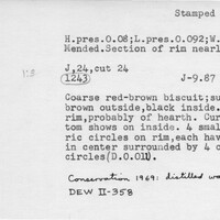 Index card with typed and handwritten information, sometimes including a sketch, of pottery from an excavation.