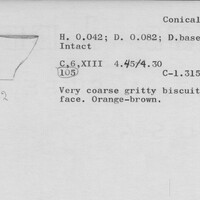 Index card with typed and handwritten information, sometimes including a sketch, of pottery from an excavation.