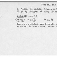 Index card with typed and handwritten information, sometimes including a sketch, of pottery from an excavation.