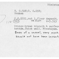 Index card with typed and handwritten information, sometimes including a sketch, of pottery from an excavation.