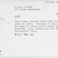 Index card with typed and handwritten information, sometimes including a sketch, of pottery from an excavation.