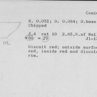 Index card with typed and handwritten information, sometimes including a sketch, of pottery from an excavation.