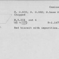 Index card with typed and handwritten information, sometimes including a sketch, of pottery from an excavation.