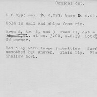 Index card with typed and handwritten information, sometimes including a sketch, of pottery from an excavation.