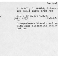 Index card with typed and handwritten information, sometimes including a sketch, of pottery from an excavation.