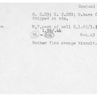 Index card with typed and handwritten information, sometimes including a sketch, of pottery from an excavation.