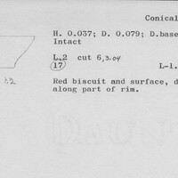 Index card with typed and handwritten information, sometimes including a sketch, of pottery from an excavation.