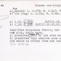 Index card with typed and handwritten information, sometimes including a sketch, of pottery from an excavation.