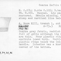 Index card with typed and handwritten information, sometimes including a sketch, of pottery from an excavation.