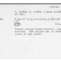 Index card with typed and handwritten information, sometimes including a sketch, of pottery from an excavation.