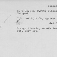 Index card with typed and handwritten information, sometimes including a sketch, of pottery from an excavation.