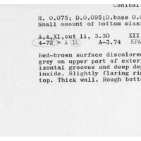 Index card with typed and handwritten information, sometimes including a sketch, of pottery from an excavation.