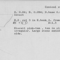 Index card with typed and handwritten information, sometimes including a sketch, of pottery from an excavation.