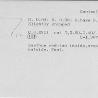 Index card with typed and handwritten information, sometimes including a sketch, of pottery from an excavation.