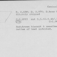 Index card with typed and handwritten information, sometimes including a sketch, of pottery from an excavation.