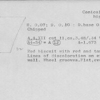 Index card with typed and handwritten information, sometimes including a sketch, of pottery from an excavation.
