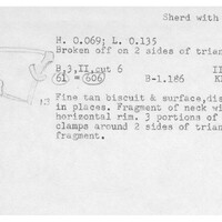 Index card with typed and handwritten information, sometimes including a sketch, of pottery from an excavation.