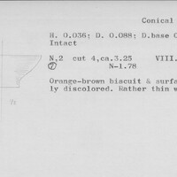 Index card with typed and handwritten information, sometimes including a sketch, of pottery from an excavation.