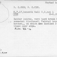 Index card with typed and handwritten information, sometimes including a sketch, of pottery from an excavation.