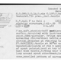 Index card with typed and handwritten information, sometimes including a sketch, of pottery from an excavation.