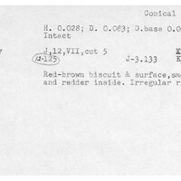 Index card with typed and handwritten information, sometimes including a sketch, of pottery from an excavation.