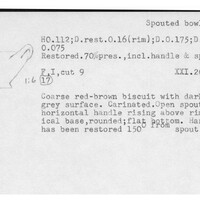 Index card with typed and handwritten information, sometimes including a sketch, of pottery from an excavation.