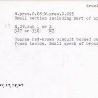 Index card with typed and handwritten information, sometimes including a sketch, of pottery from an excavation.